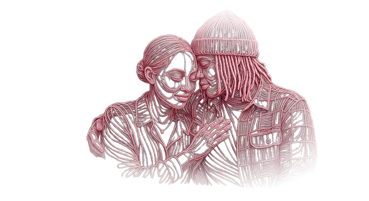Illustrated portrait of two women embracing